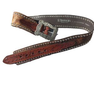 Nocona Calf Hair-On Wide Studded Belt w/Tooling & Buckle  Western Cowgirl Rodeo